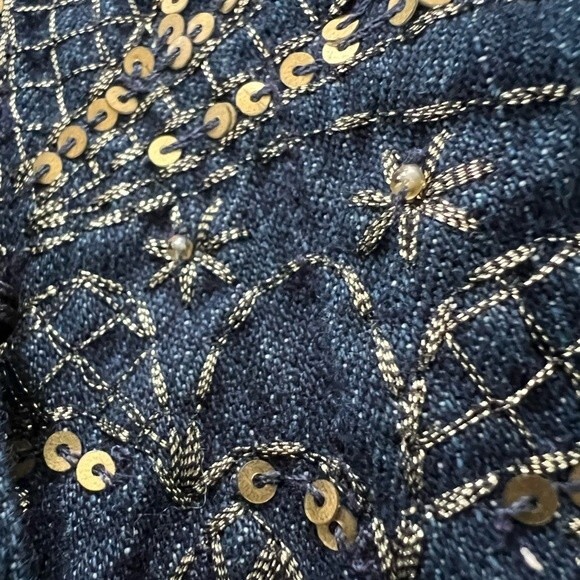 Additions by Chico's Denim Jacket Gold Embroidery Sequins Beaded Size 1 / Medium - Picture 6 of 11
